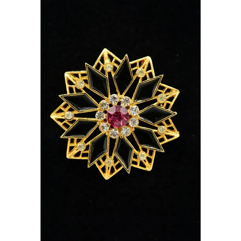 Vintage Crystal Flower Pin Brooch Gold Black Enamel Pink Rhinestone 1980s BinJ